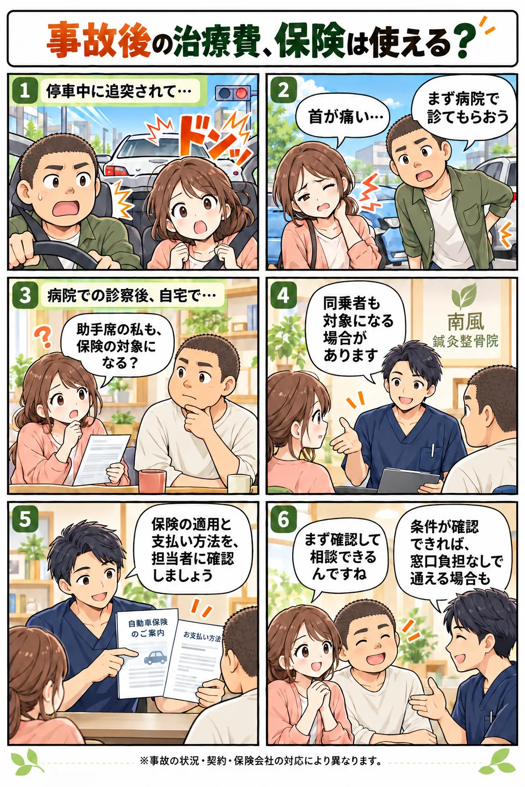 事故後の治療費、保険は使える?。同乗者も含めた保険・費用の確認を説明する漫画
